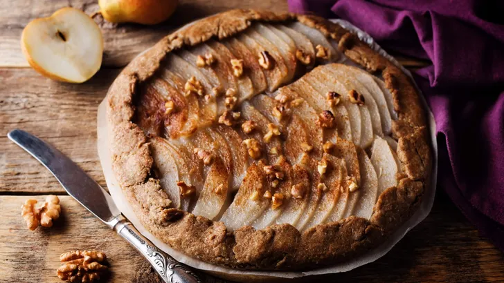 Pear galette cake with walnuts and cinnamon