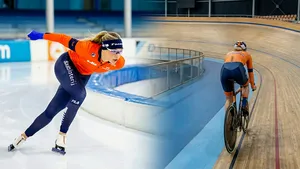 Fotocollage van Jutta Leerdam die schaatst in een oranje pak op de ijsbaan (links) en een baanwielrenster in een vergelijkbaar oranje-blauw pak die fietst op een houten wielerbaan (rechts).