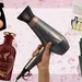 Beauty Buzz Beau Monde: nieuwe releases in de beauty-wereld. – Collage-foto op roze achtergrond met op de voorgrond vector-foto's van verschillende beauty-producten waaronder een föhn, oogschaduw van Chanel, parfum van Gucci en huid-ampoules.