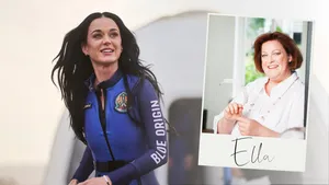 Collagebeeld voor column Ella Vermeulen met foto Katy Perry na landing Blue Origin.