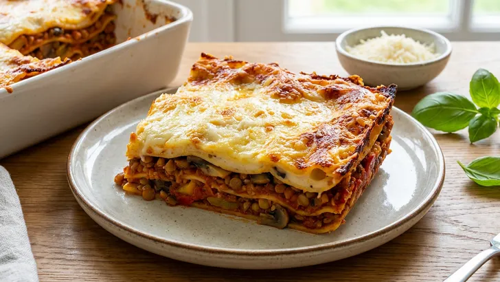 Close-up van een smakelijke punt vegetarische lasagne met linzen, waarbij de laagjes rode saus en romige bechamelsaus zichtbaar zijn onder een goudbruine, draderige kaaskorst.
