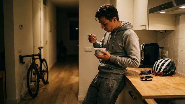 Een wielrenner in vrijetijdskleding eet 's avonds laat een bakje kwark aan het keukenaanrecht. Zijn fietshelm en fietscomputer liggen naast hem en zijn racefiets staat in de achtergrond, als onderdeel van zijn herstelroutine voor het slapengaan.