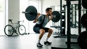 Een wielrenner in volledige wielerkleding die een krachtige barbell back squat uitvoert in een lichte, moderne sportschool.