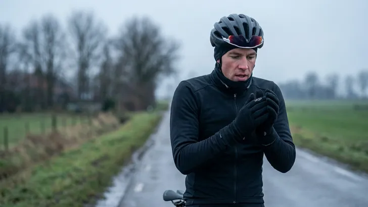 Een verkleumde wielrenner in volledige winterkleding staat langs een natte landweg en wrijft in zijn handen om op te warmen na een koude rit.
