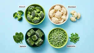 Een sfeervolle foto van de vier aanbevolen diepvriesgroenten: broccoli, bloemkool, spinazie en doperwten, uitgestald op een houten plank.