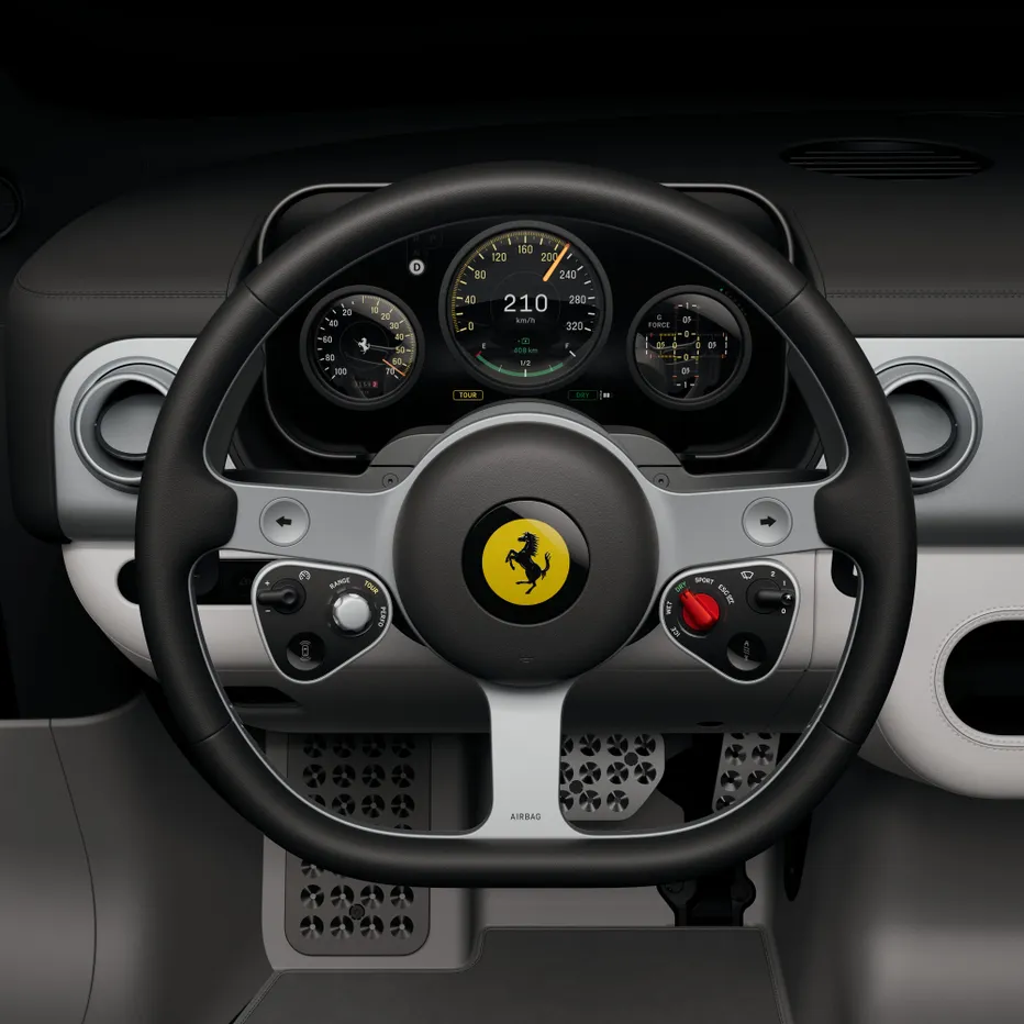 Stuurwiel en digitaal instrumentarium van Ferrari Luce Chassis 0