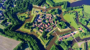 Aerial view from the drone of star-shaped Fort Bourtange, Gronin